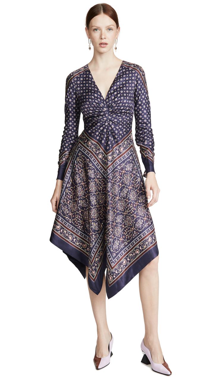 Jonathan Simkhai Scarf Print Deep V Long Sleeve Dress