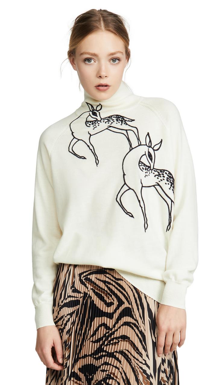 Victoria Victoria Beckham Funnel Neck Deer Embroidered Sweater