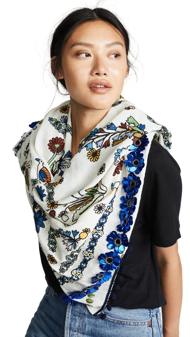 Tory Burch Meadow Sweet Embroidered Oblong Scarf