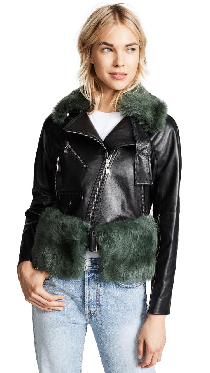 Adeam Moto Jacket With Removable Shearling Collar And Belt