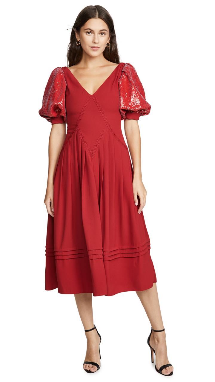 Self Portrait Red Sequin Short Sleeve Midi Dress