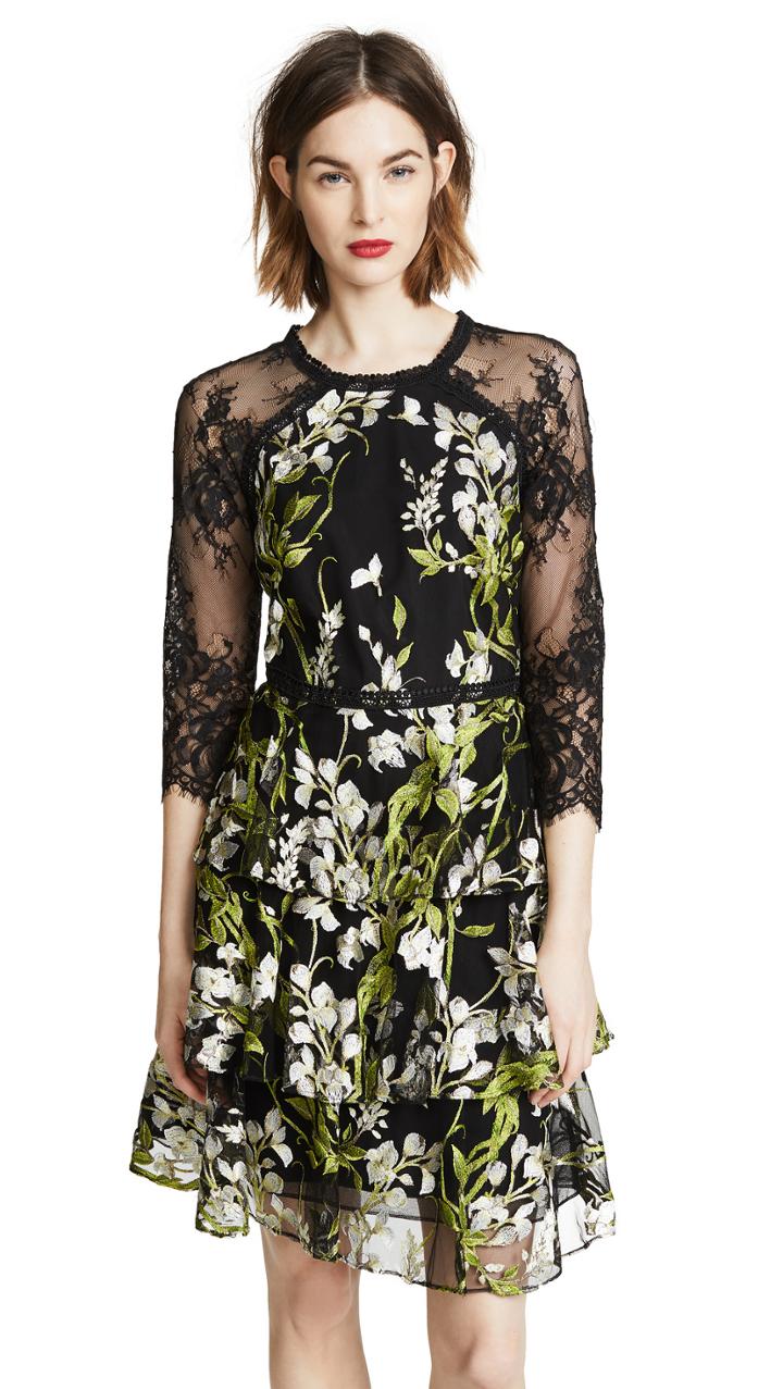 Marchesa Notte 3 4 Sleeve Embroidered Cocktail Dress