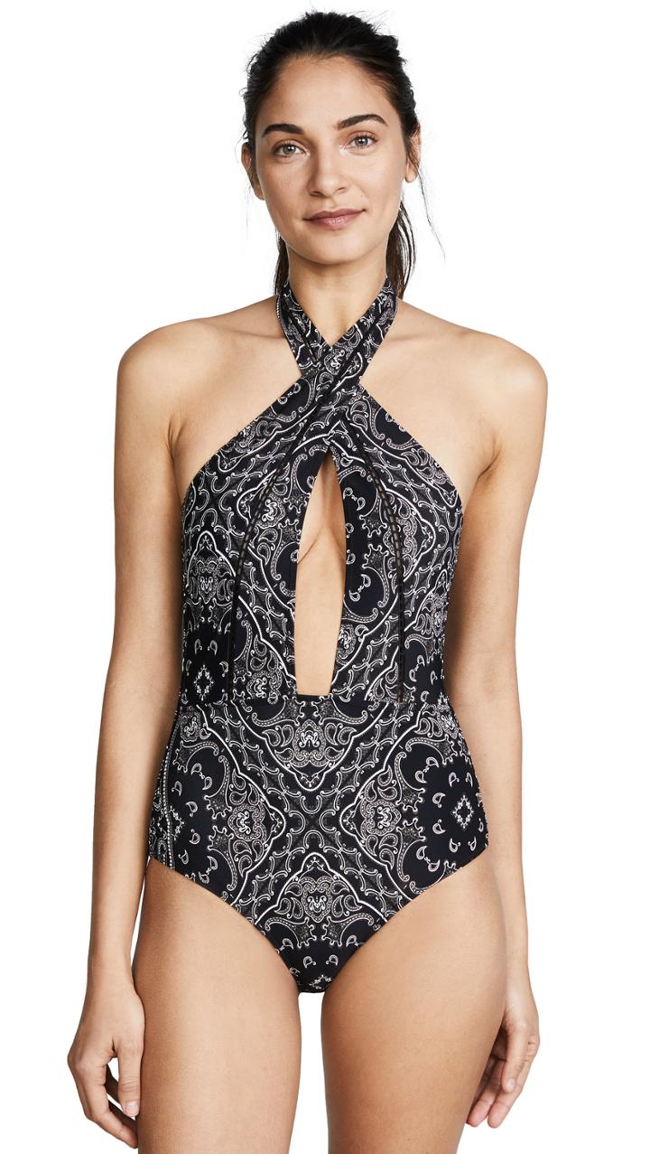 Jonathan Simkhai Bandana Print Front Cross Swimsuit