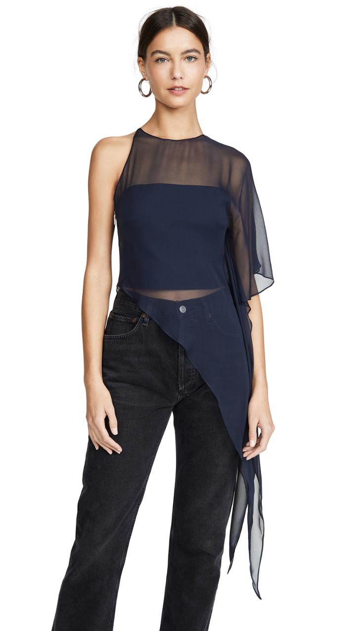 Cushnie One Shoulder Sheer Asymmetrical Top With Cascade