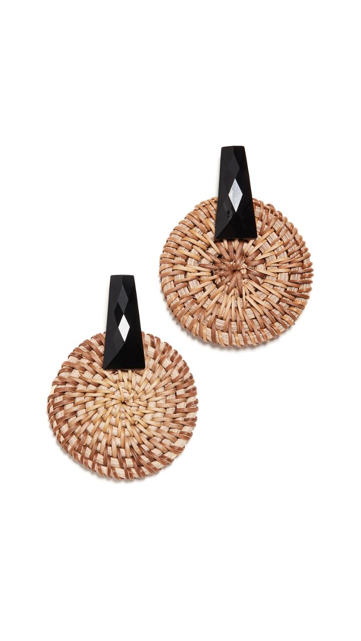 Kenneth Jay Lane Black And Raffia Circle Drop Earrings