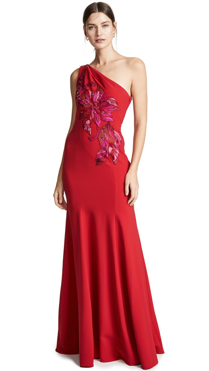 Marchesa Notte One Shoulder Gown With Beaded Appliques