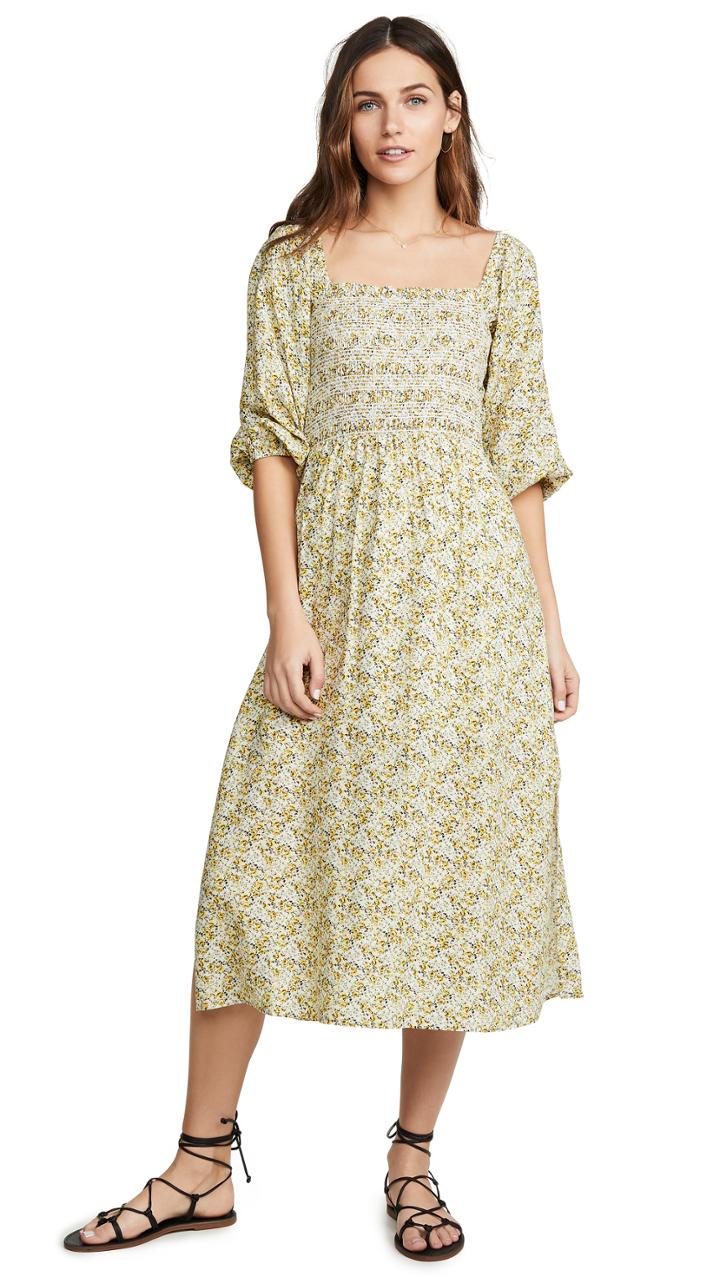 Wayf Nevah Smocked Midi Dress