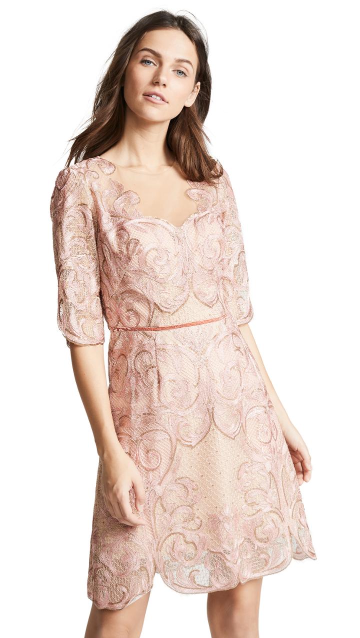 Marchesa Notte Metallic Embroidered Cocktail Dress