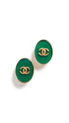 What Goes Around Comes Around Chanel Green Gold Cc Oval Earrings