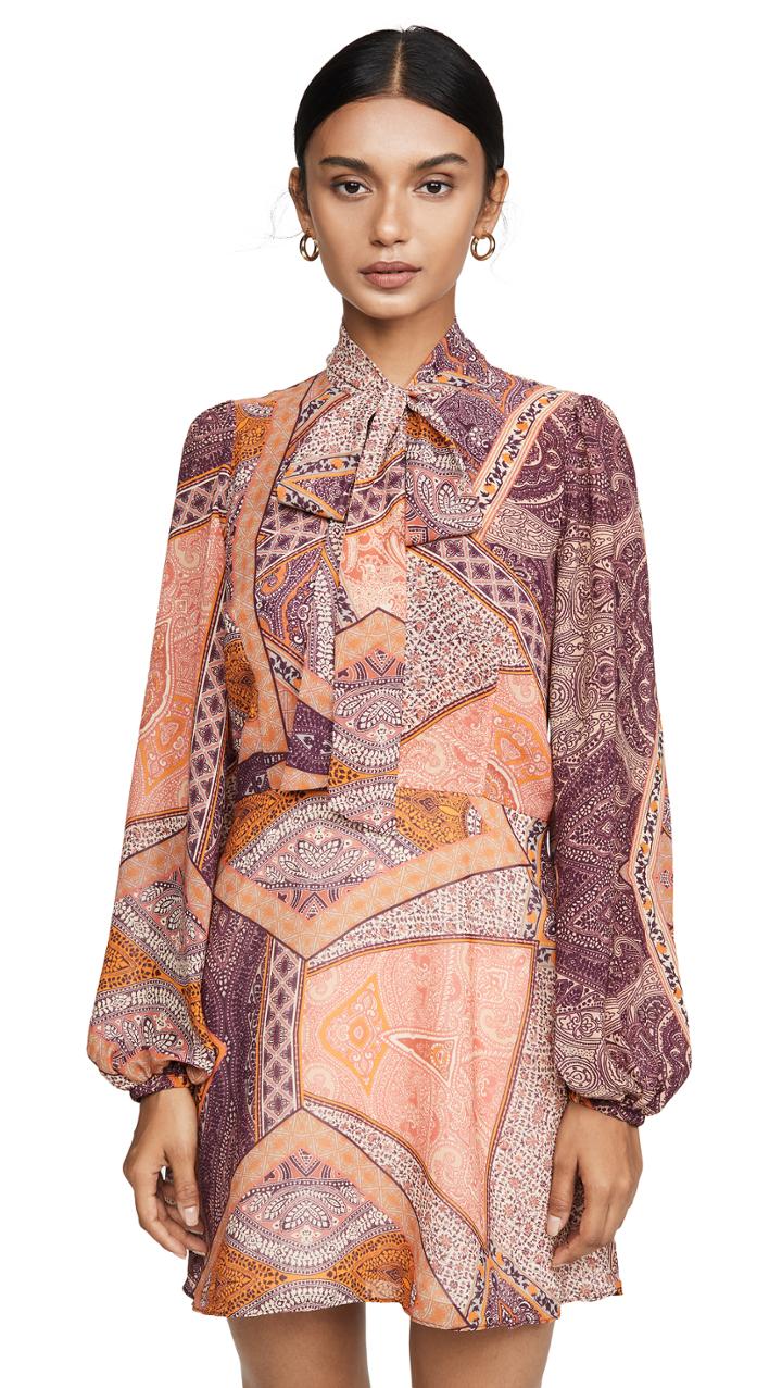 Divine Heritage Pussy Bow Long Sleeve Mini Dress