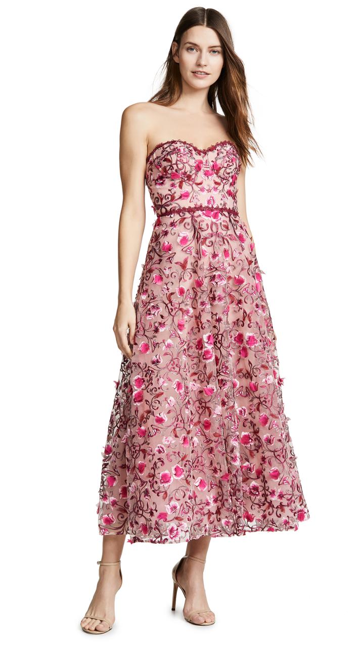 Marchesa Notte Floral Embroidered Tea Length Gown
