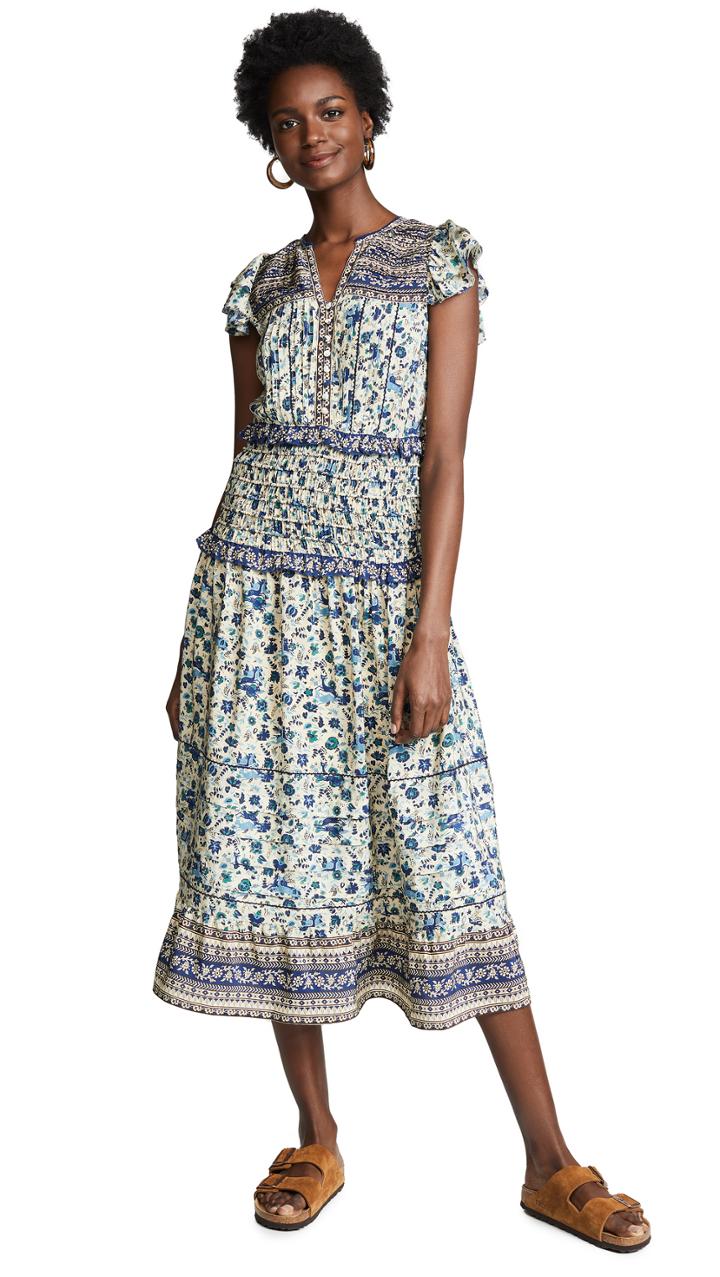Sea Doe Print Smocked Midi Dress