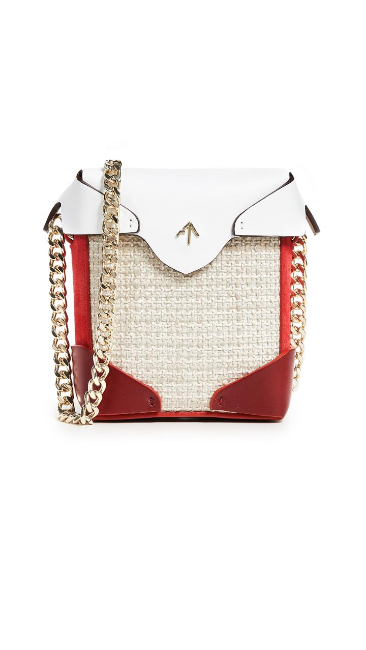 Manu Atelier Micro Pristine Combo Tweed Box Bag With Gold Chain