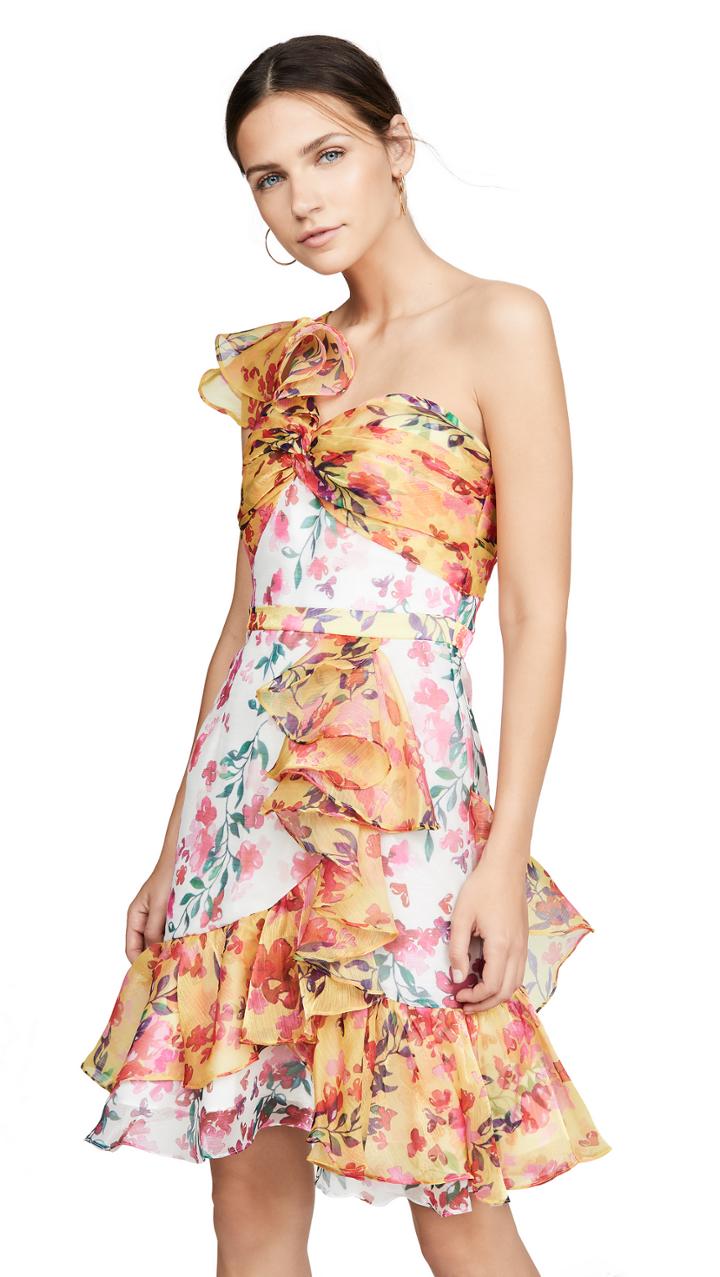 Marchesa Notte One Shoulder Colorblock Cocktail Dress