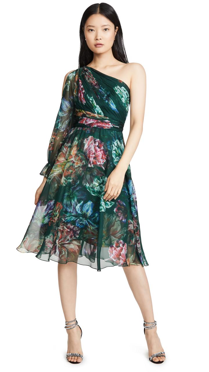 Marchesa Notte One Shoulder Printed Cocktail Dress