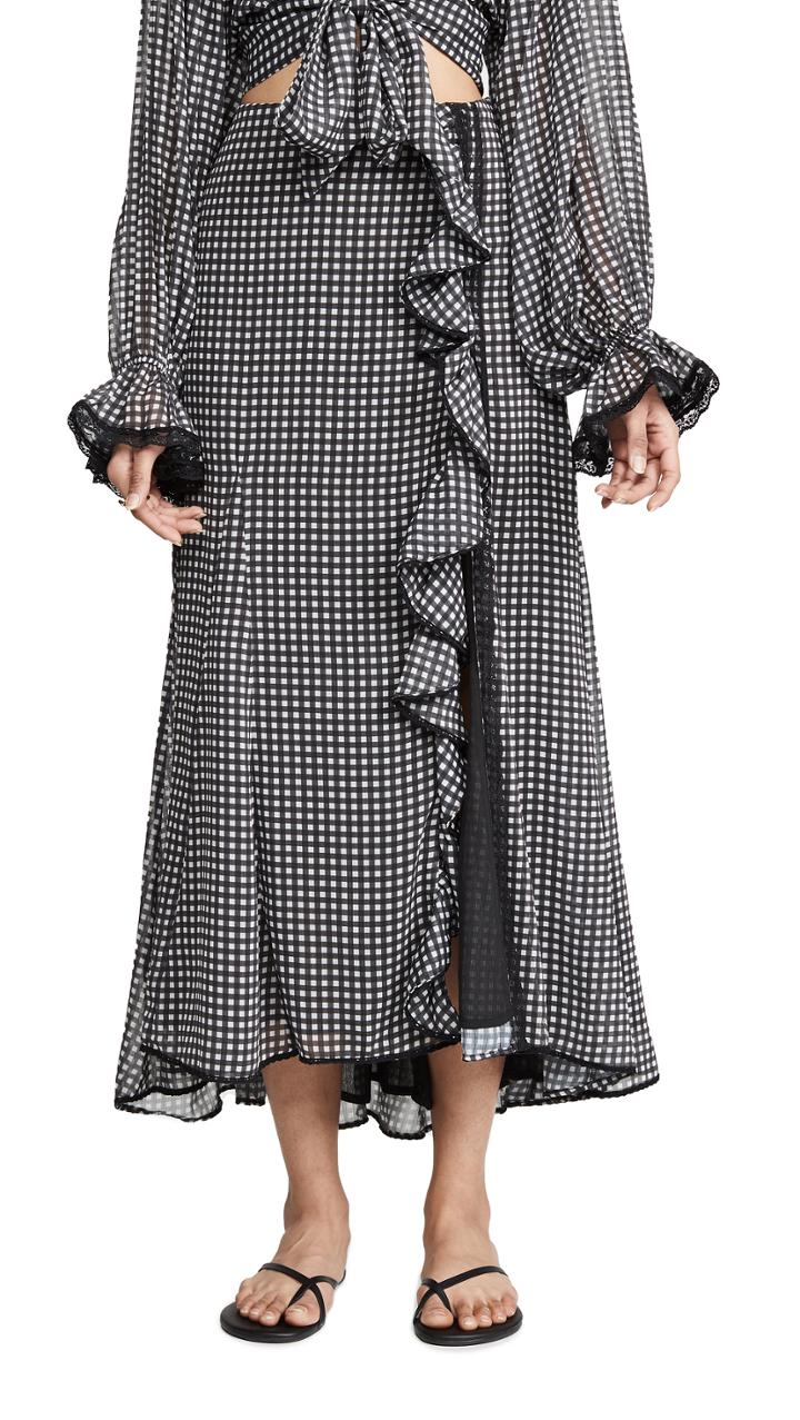 Jonathan Simkhai Gingham Ruffle Slit Maxi Skirt