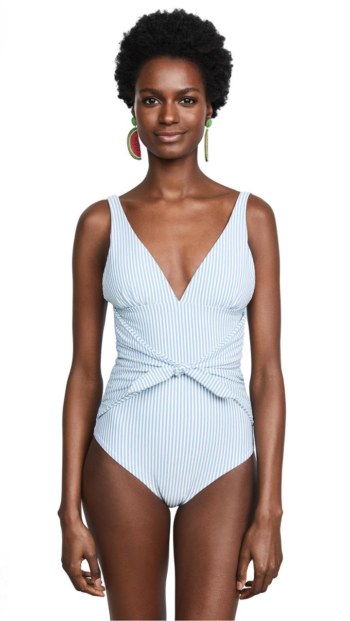 Shoshanna Chambray Pinstripe Tie Waist One Piece