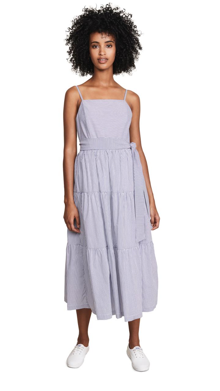 English Factory Shirred Midi Dress With Ribbon