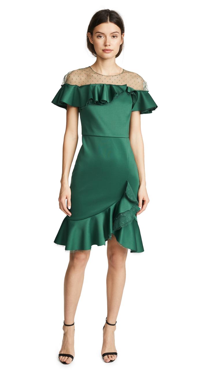 Marchesa Notte Neoprene Cocktail Dress With Poin D Esprit Yoke Ruffles
