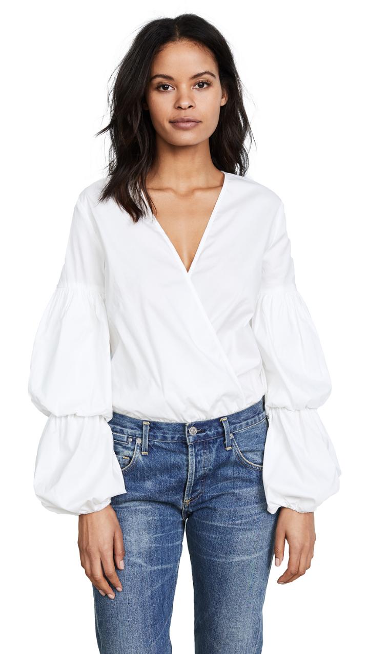 Wayf Lantern Sleeve Faux Wrap Bodysuit