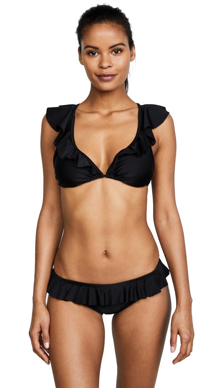 Shoshanna Shiny Black Ruffle Neck String Bikini Top
