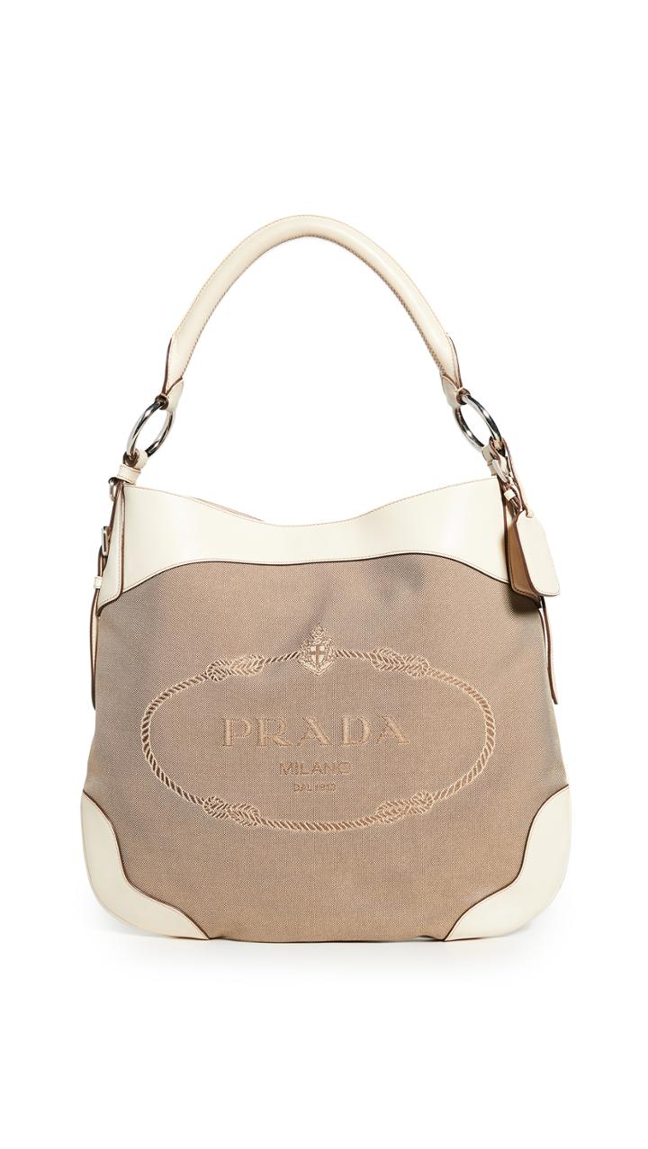 What Goes Around Comes Around Prada Cream Jacquard Hobo Bag