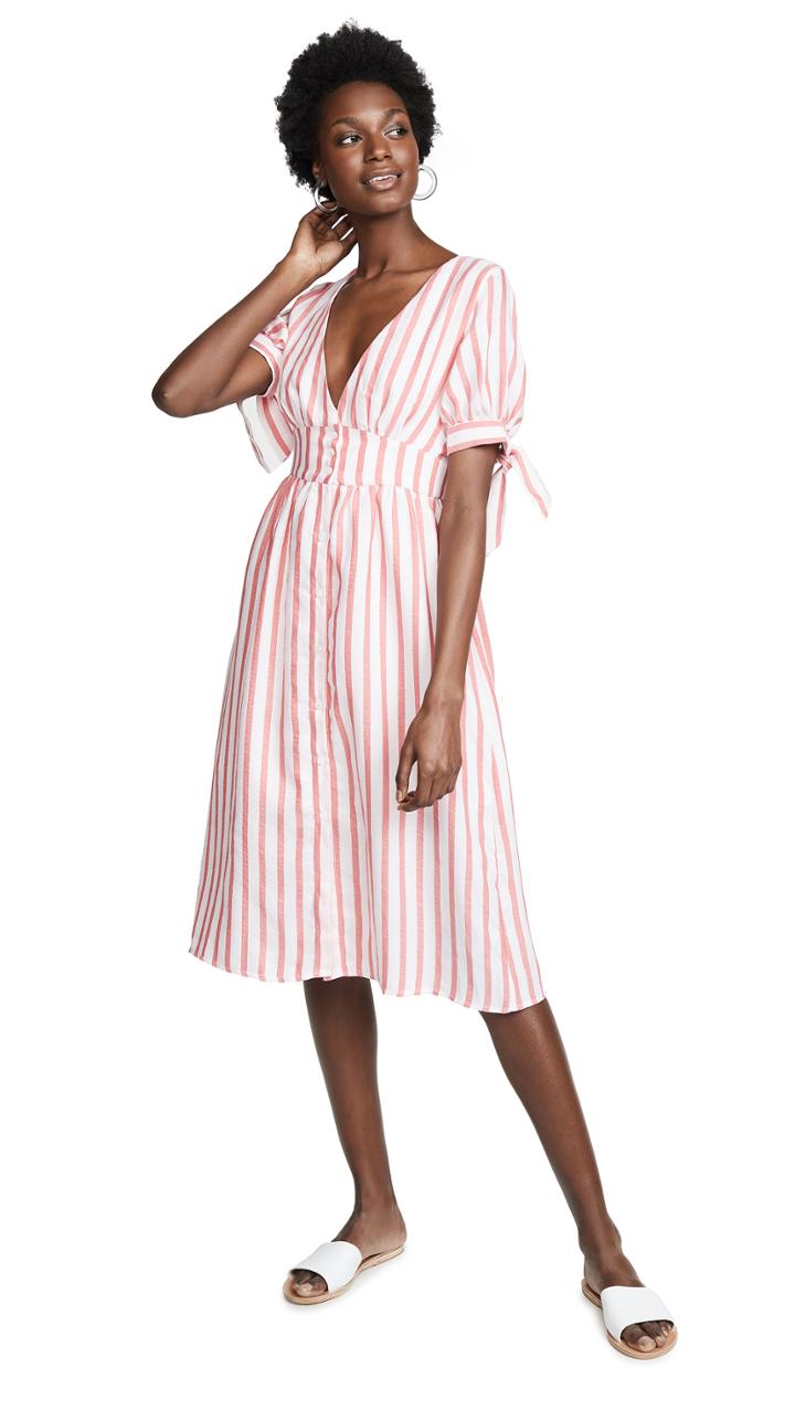 English Factory Striped Midi Dress With Tie