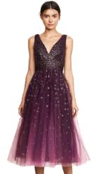 Marchesa Notte V Neck Ombre Pleated Tulle Dress