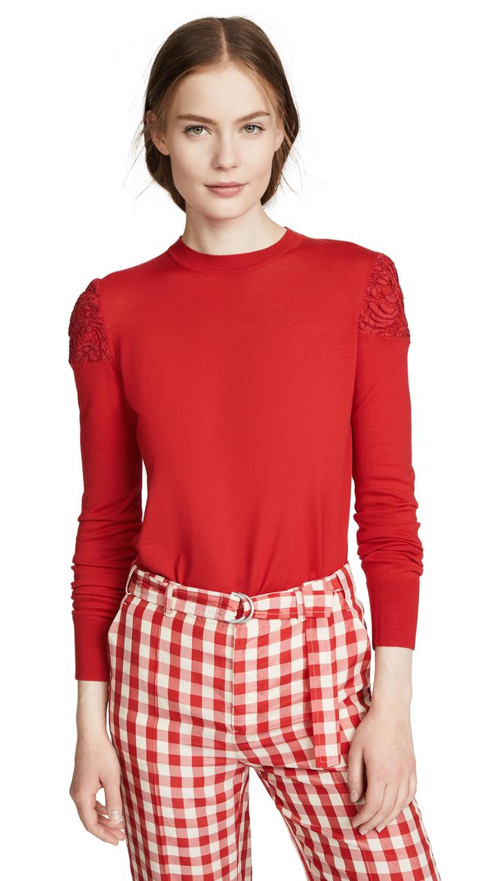 Adam Lippes Crew Neck Top With Lace Shoulders
