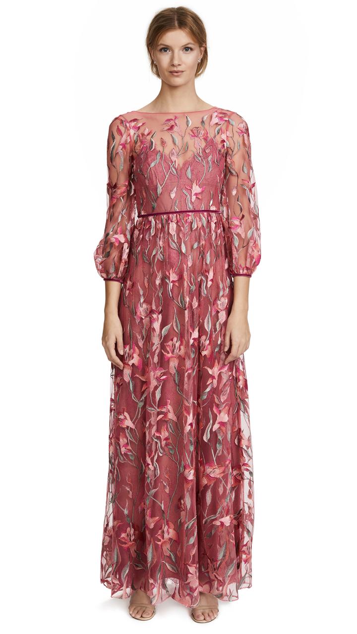 Marchesa Notte Embroidered Gown With Bishop Sleeve