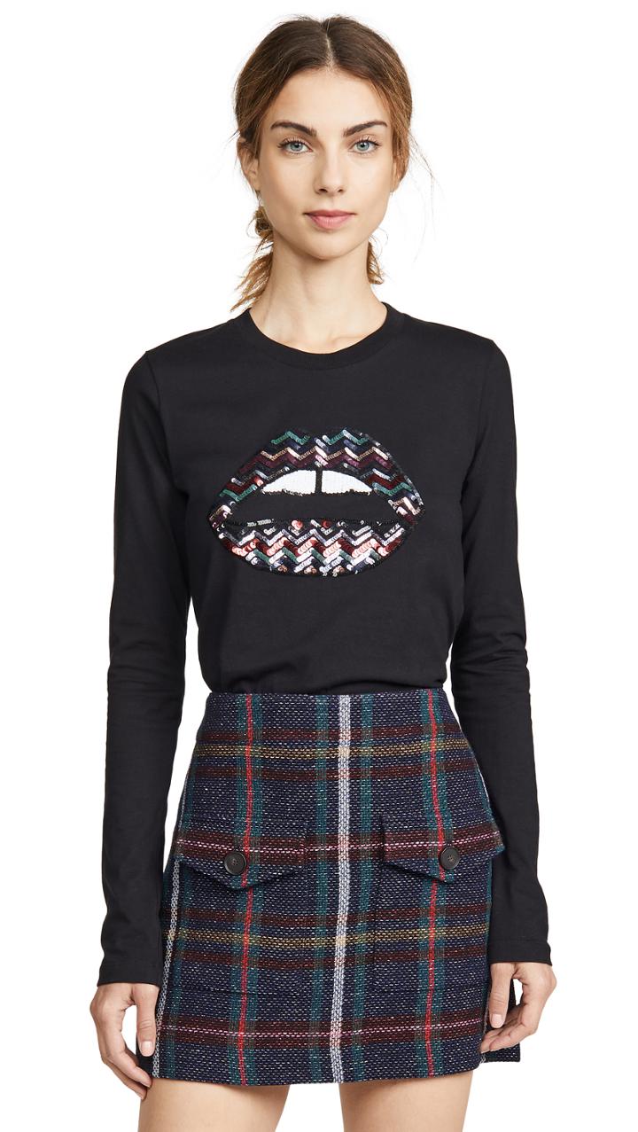 Markus Lupfer Sophie Zigzag Sequin Lip Long Sleeve Tee