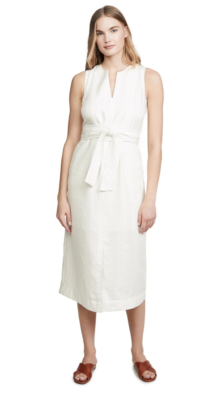 Vince Pencil Stripe Belted Sleeveless Dress