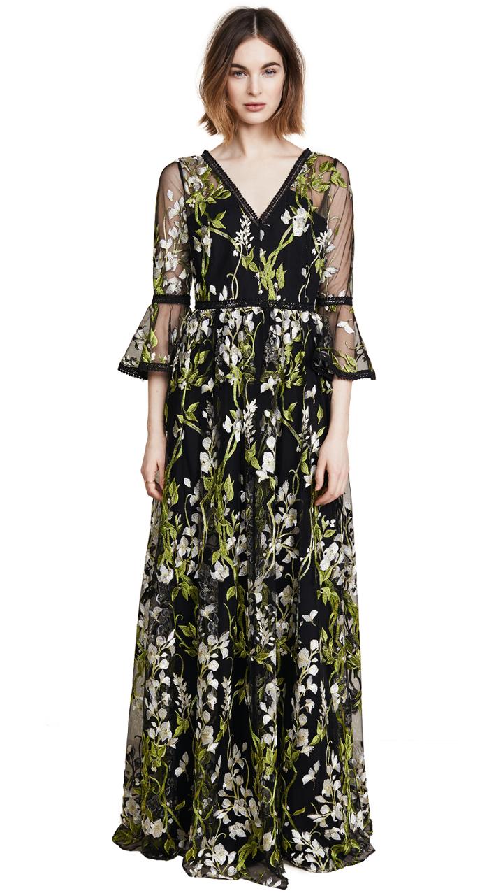 Marchesa Notte Bell Sleeve Gown With Lace Trim