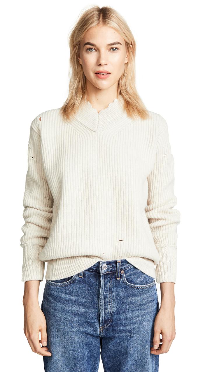 Helmut Lang Distressed Wool V Neck Pullover