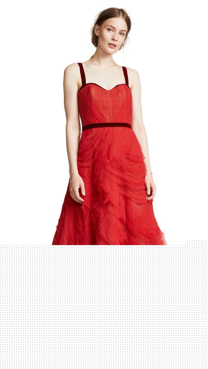 Marchesa Notte Pleated Scalloped Tiered Gown