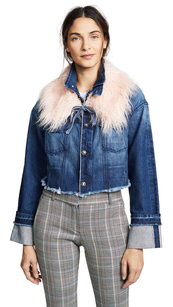 Tortoise Marco Cropped Denim Jacket With Removable Faux Fur Collar