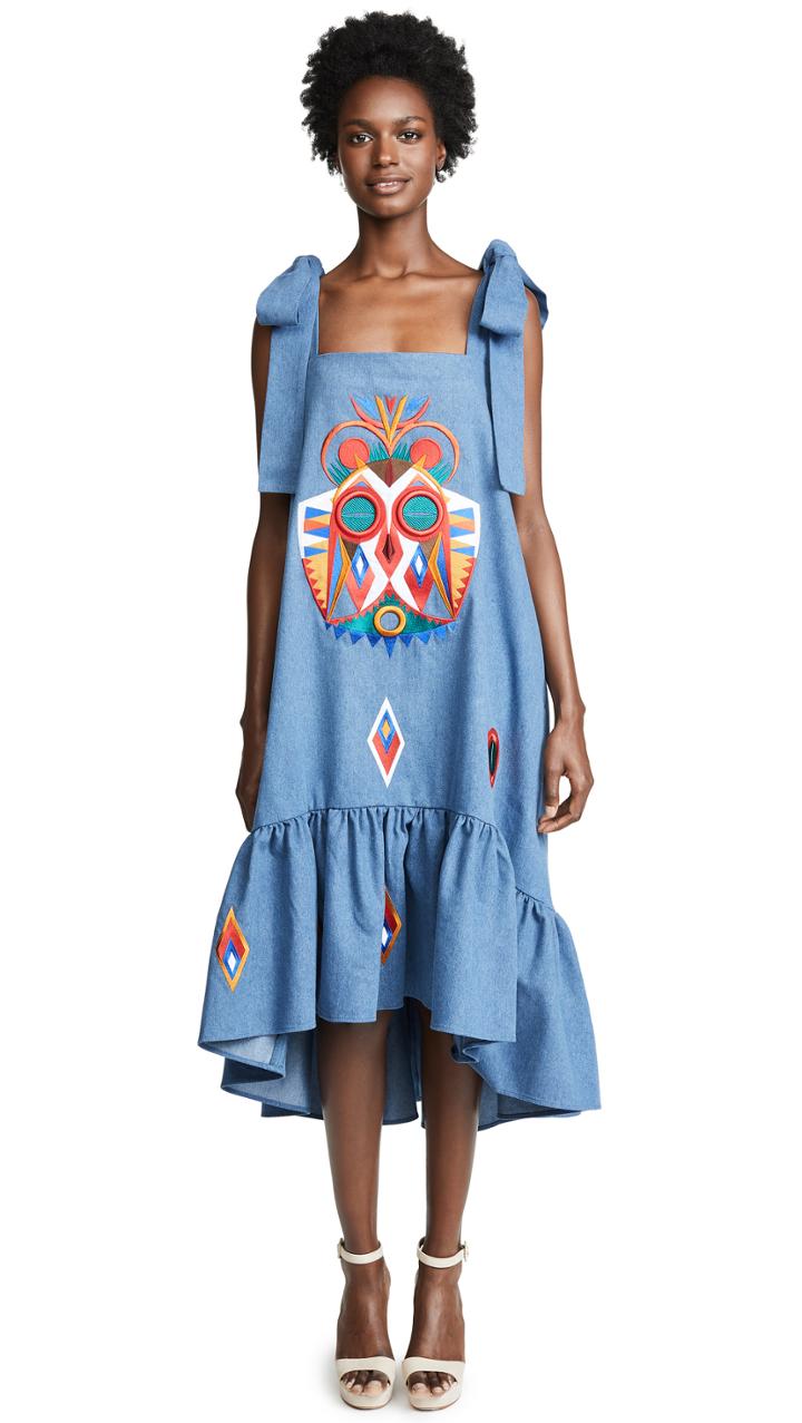 Katya Dobryakova Owl Mask Denim Sundress