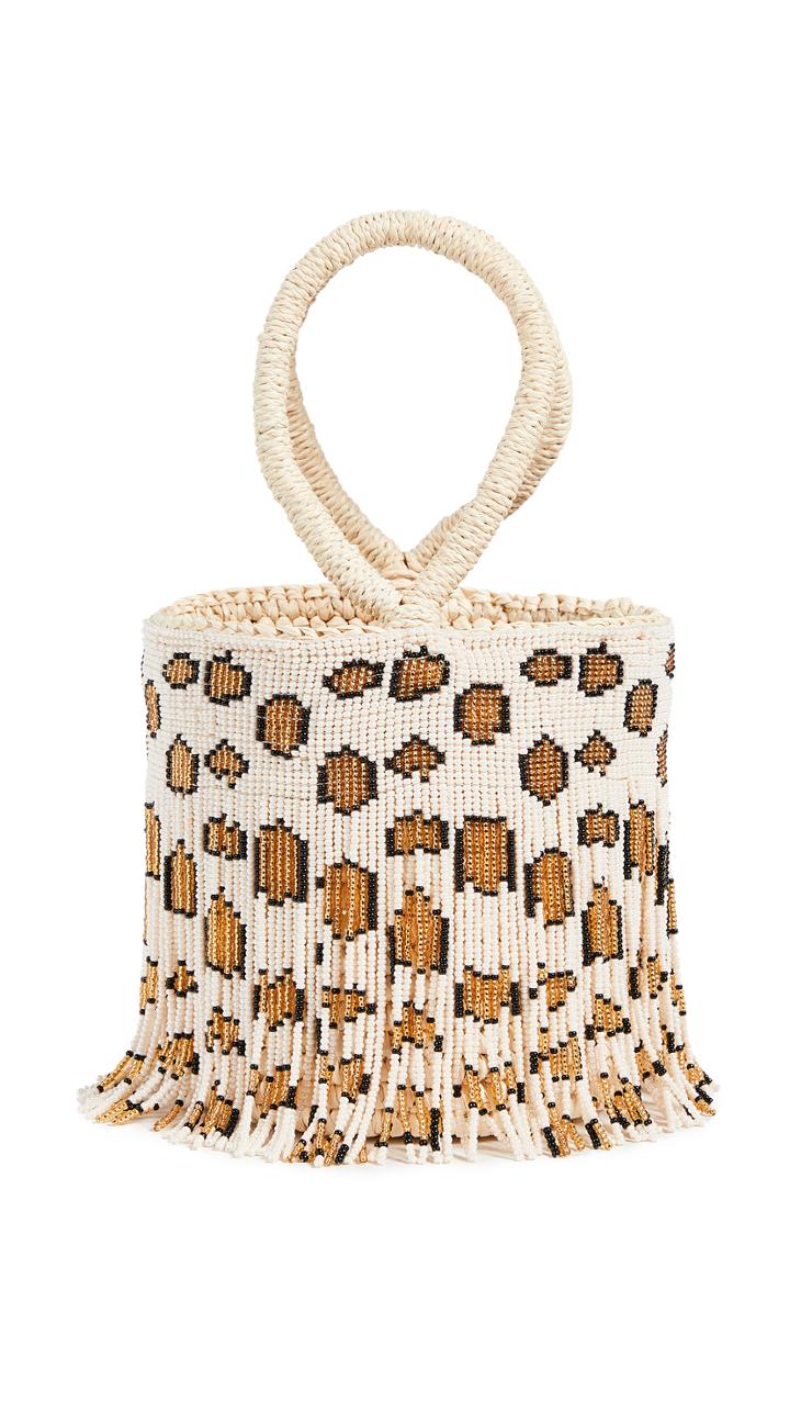 Sensi Studio Mini Leopard Beaded Bucket Bag