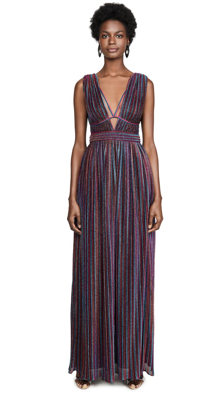Jonathan Simkhai Rainbow Pleats Open Neck Maxi Dress