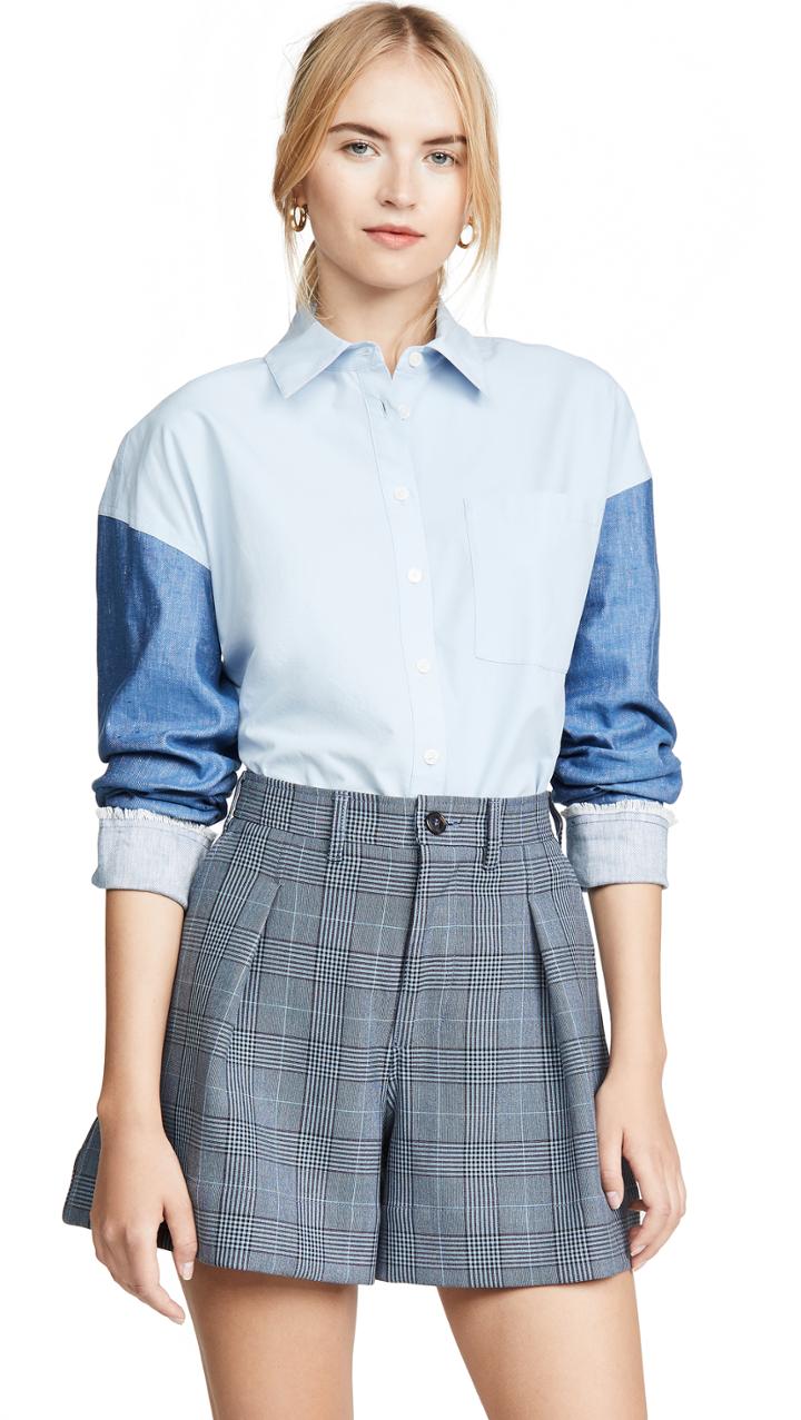 Derek Lam 10 Crosby Cropped Denim Sleeve Button Down Shirt