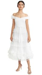 Marchesa Notte Off Shoulder 3d Floral Stripe Tulle Tea Length Gown