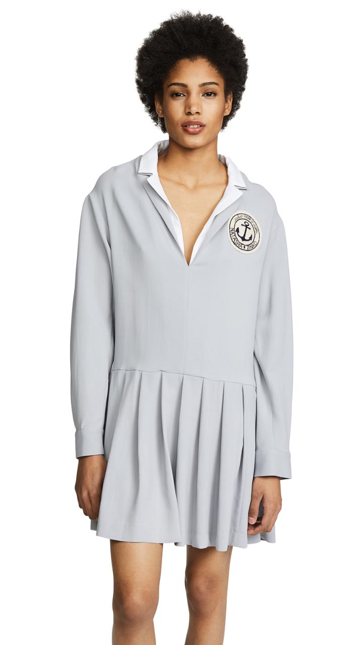 Natasha Zinko Crepe Long Sleeve Double Collar Pleated Hem Mini Dress