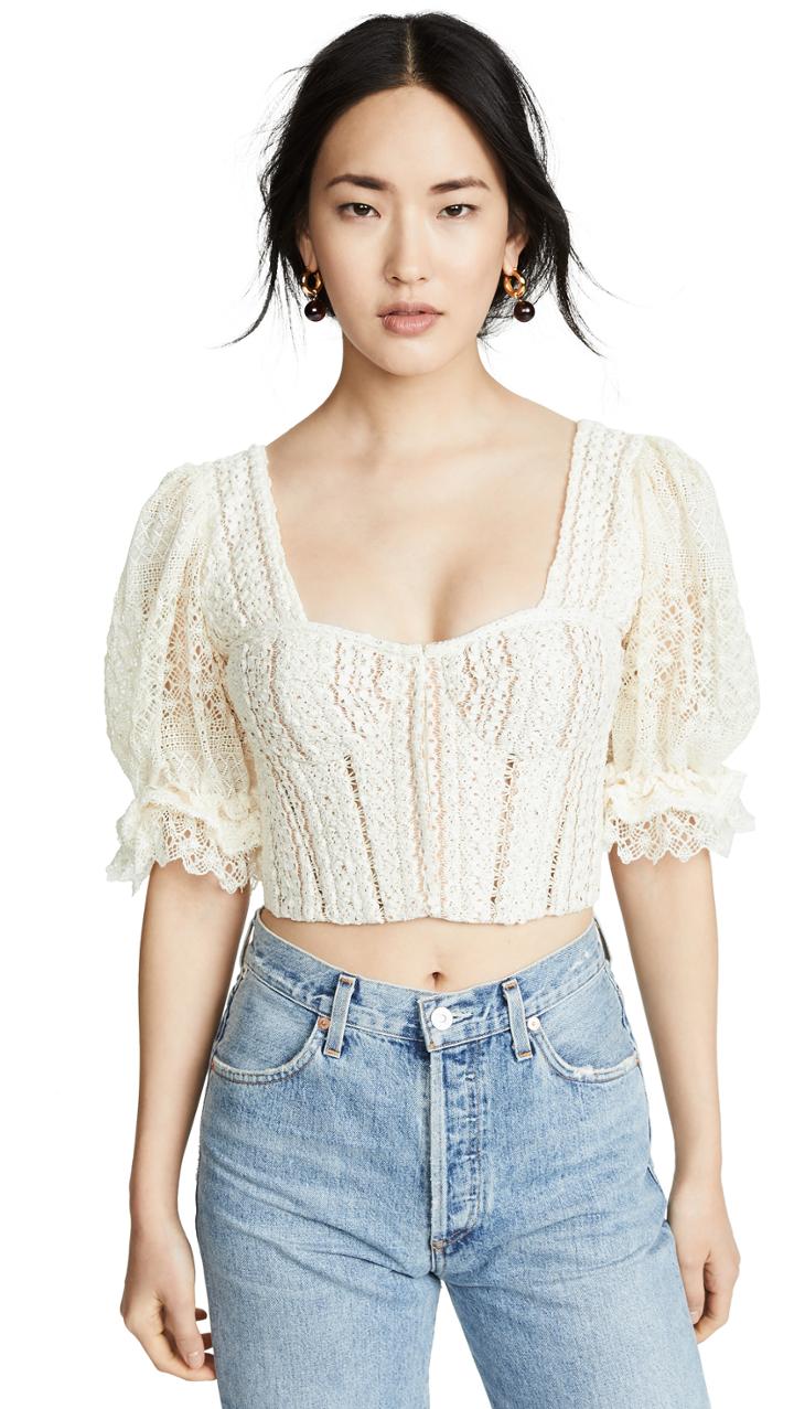 Jonathan Simkhai Mixed Knit Lace Puff Sleeve Bustier Top
