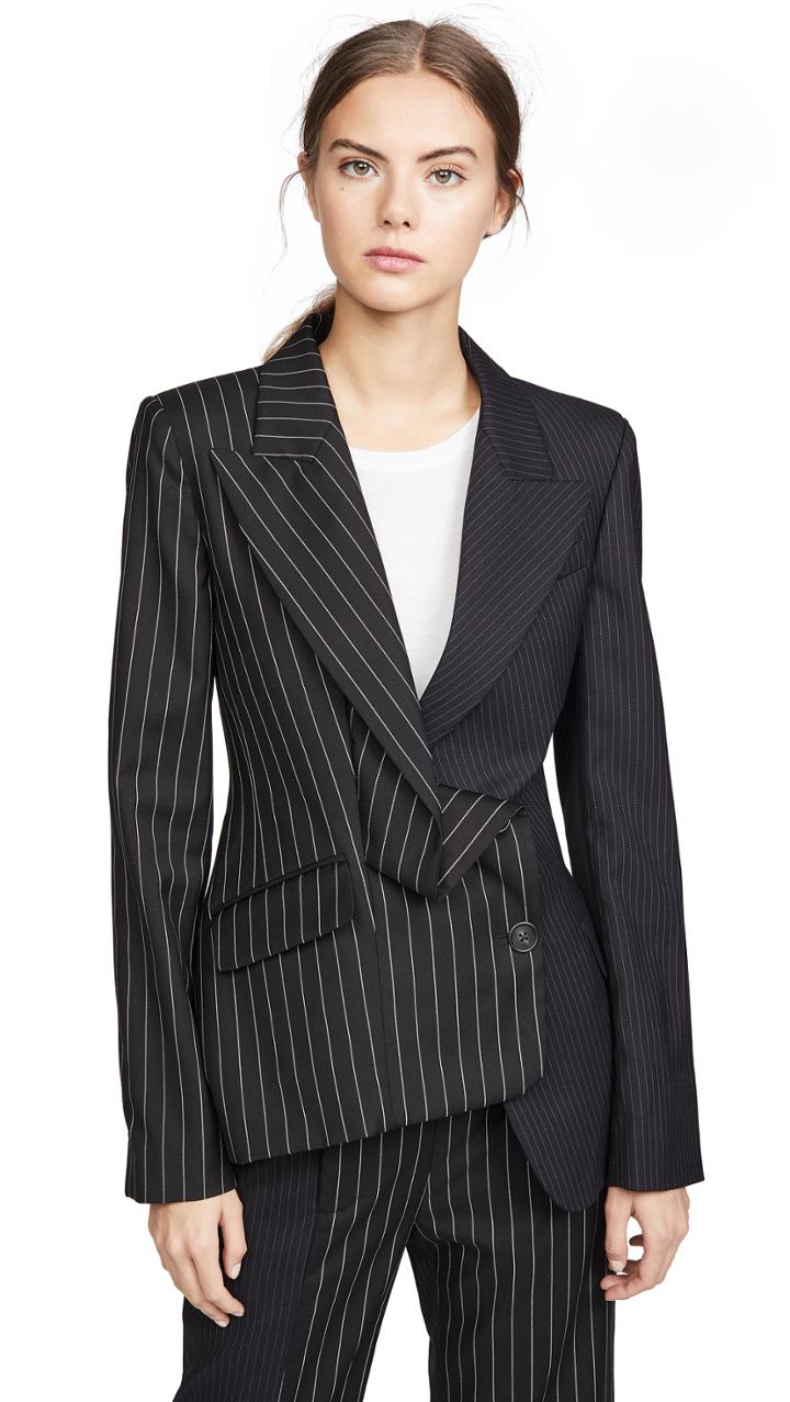 Monse Two Tone Pinstripe Asymmetrical Blazer