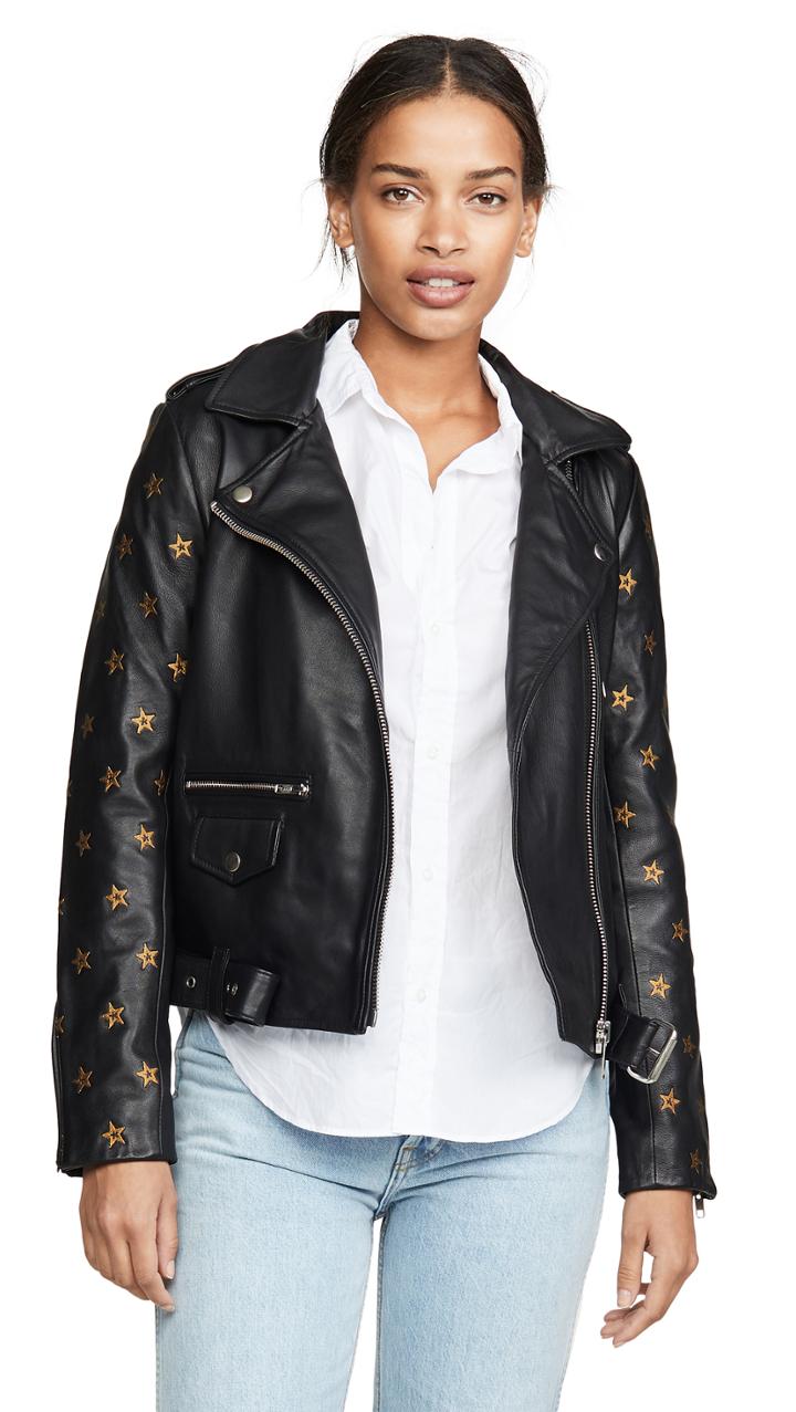 Scotch Soda Maison Scotch Leather Embroidered Star Sleeve Biker Jacket