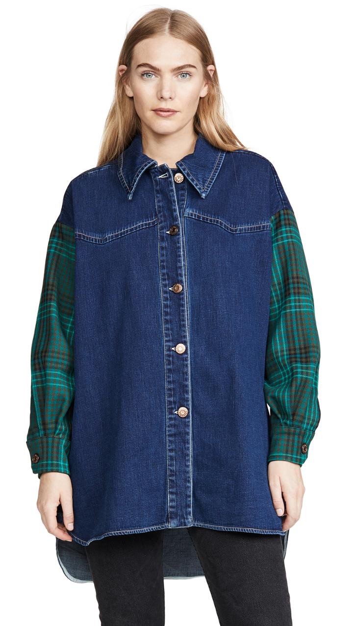 See By Chloe Denim Button Down With Plaid Sleeve