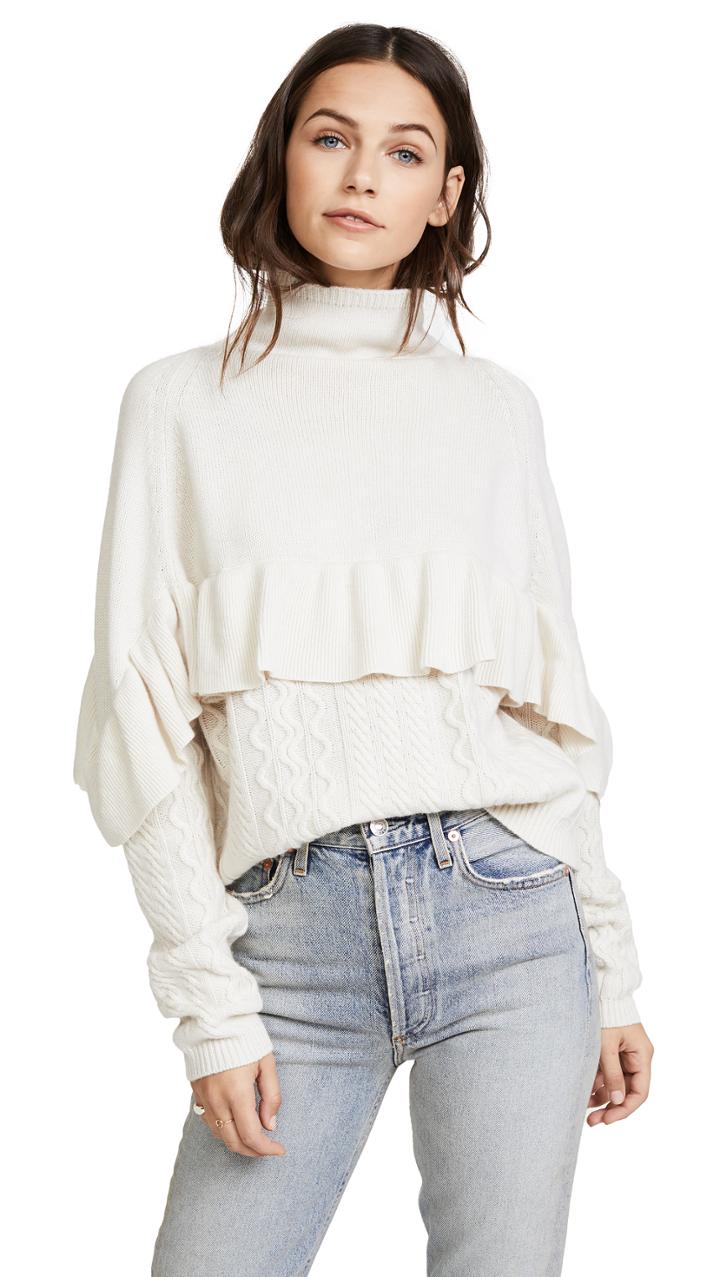 Naadam Ruffle Mock Neck Cable Pullover