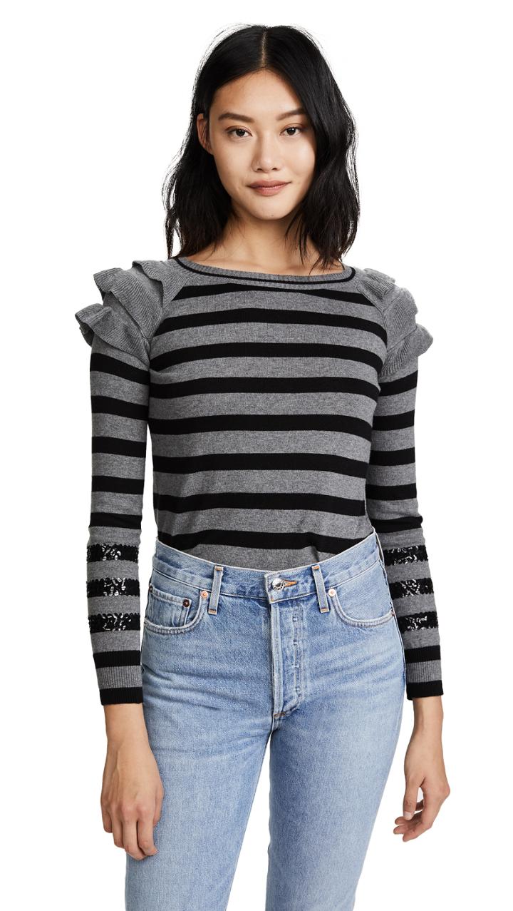 Fred And Sibel Striped Ruffle Shoulder Pullover
