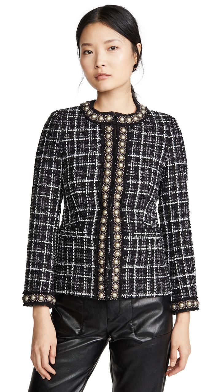 Alice Olivia Carmen Embellished Strong Shoulder Fitted Blazer