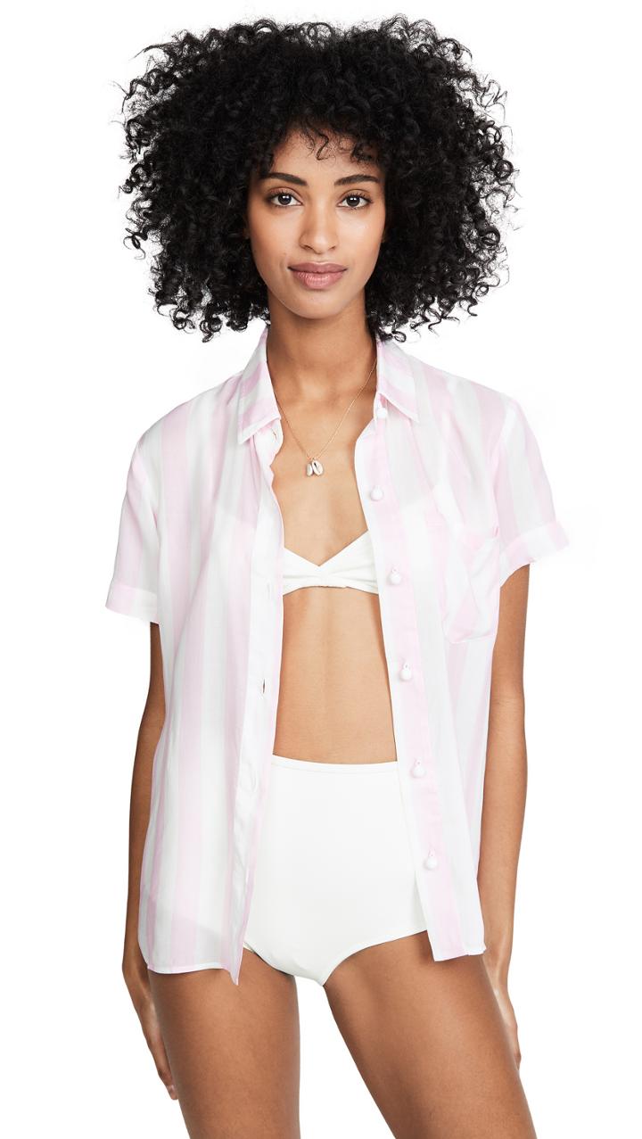 Solid Striped Short Sleeve Button Down Shirt